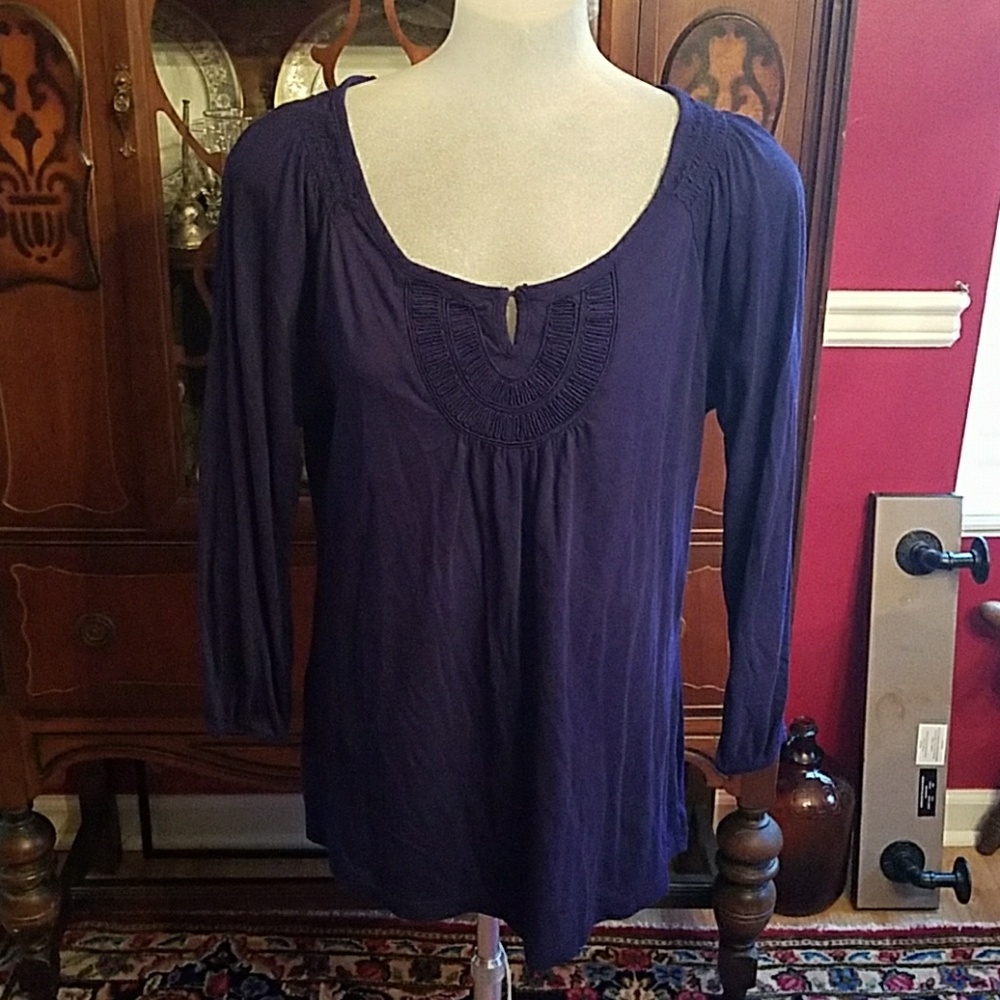 Old Navy Blue Embroidered Smocked Top L
